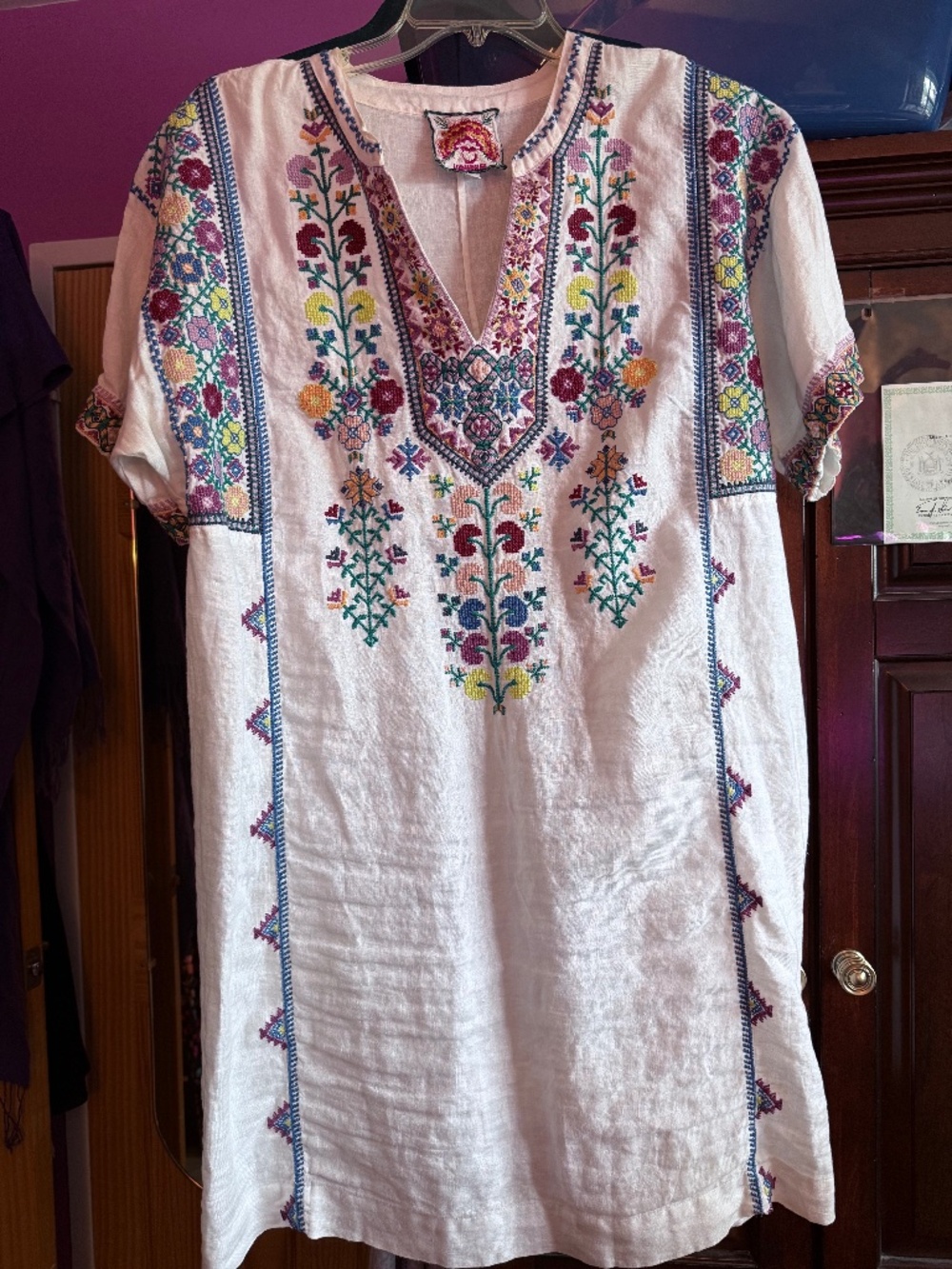 Johnny Was 100% Linen Embroidered Tunic Dress Boho White Floral XL